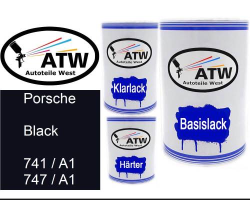 Porsche, Black, 741 / A1 747 / A1: 500ml Lackdose + 500ml Klarlack + 250ml Härter - Set, von ATW Autoteile West.